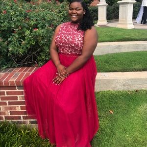 Red long lace prom dress